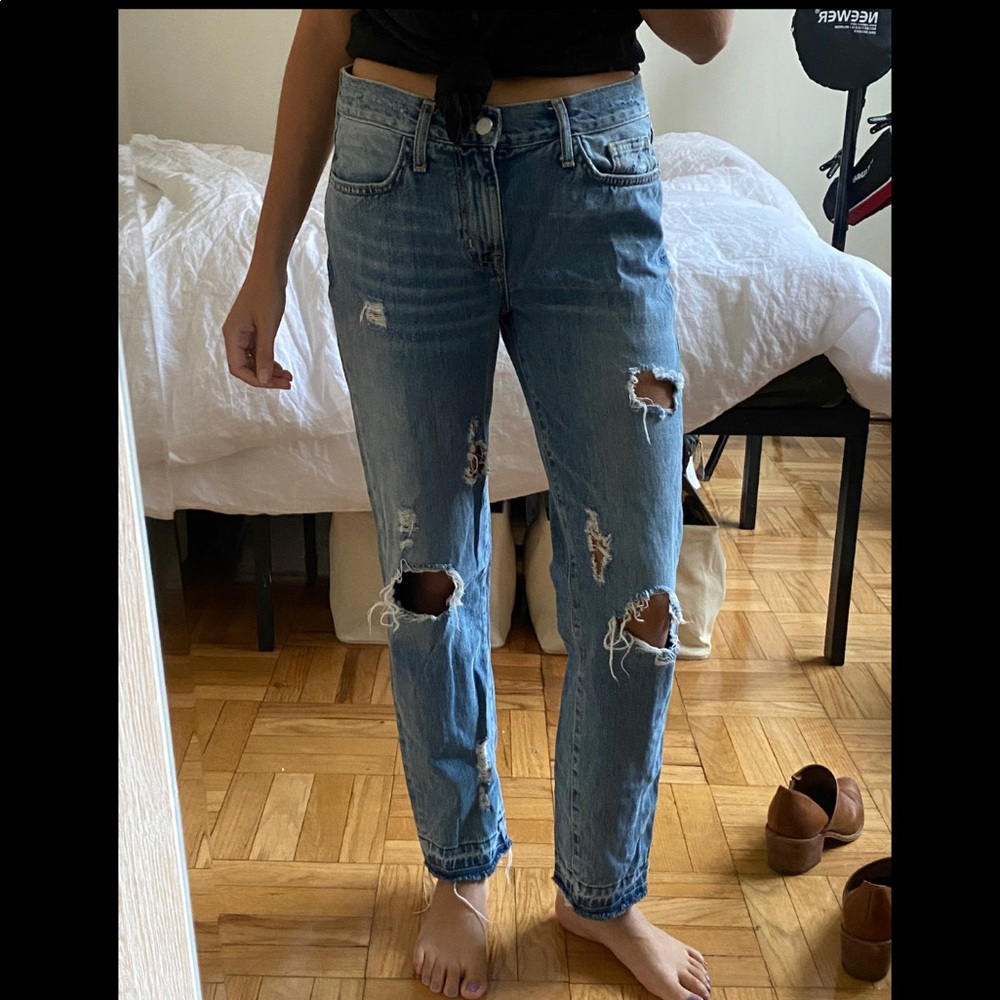 Zara basics denim - mid rise ripped straight leg jean